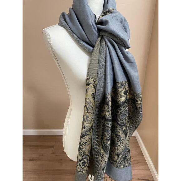 Pashmina Scarf Paisley Gray Tassels 29 X 72 - Picture 1 of 3